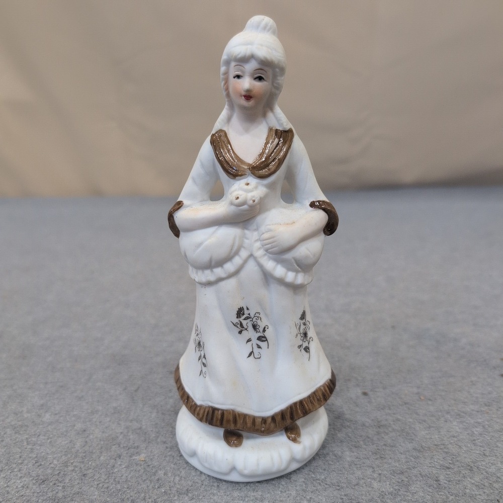 Vintage Porcelain Colonial Woman Figurine White Brown Floral Hand Painted Decor - Picture 1 of 3